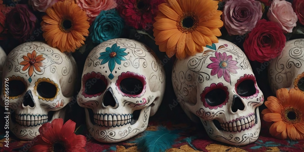 Poster three skulls with flowers painted on them are arranged on a table