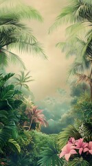 Lush Tropical Rainforest with Pink Flowers and Foggy Background