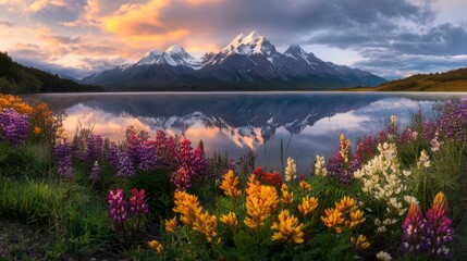 tatshenshini-alsek park's rugged peaks pierce clouds, their snow-capped silhouettes reflected in glassy lake foreground bursts with hardy alpine flowers in vivid hues golden hour light bathes the