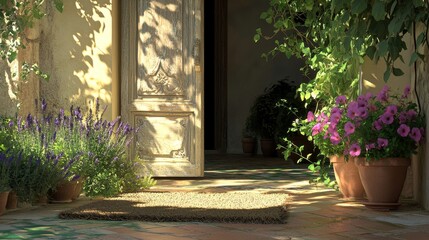 rustic coir doormat framed by an ornate, weathered door ajar, revealing a lush interior garden with vibrant potted geraniums and fragrant lavender, dappled sunlight casting intricate shadows