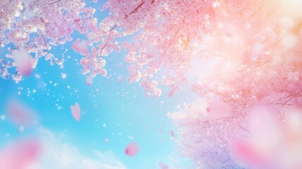 Fototapeta premium sakura trees in full bloom, their pink petals a gauzy veil against cerulean sky foreground blossoms in sharp focus, background a dreamy blur of pastels sunlight filters through branches, casting