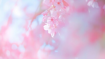 sakura trees in full bloom, their pink petals a gauzy veil against cerulean sky foreground blossoms in sharp focus, background a dreamy blur of pastels sunlight filters through branches, casting