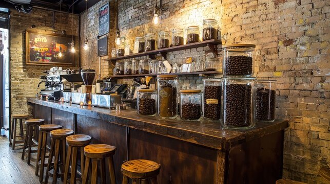 Rustic coffee shop interior with exposed brick walls, wooden bar, and glass jars of coffee beans.