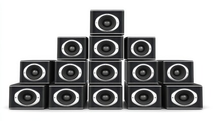 Stacked audio speakers arranged in a pyramid for impressive sound quality display