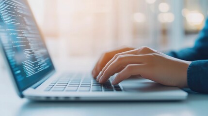 Close up of hands typing on a laptop computer with a detailed data analytics dashboard displayed on the screen providing real time insights and visualizations to guide informed business decisions