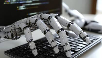 Robot hand typing on a computer keyboard in an office setting with AI technology