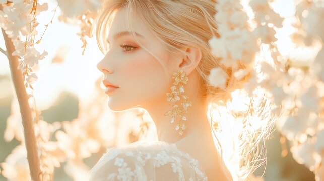 statuesque blonde beauty adorned with intricate gold earrings, their design echoing nature's artistry diaphanous gown flows like water soft-focus floral backdrop creates dreamlike ambiance golden