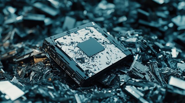 A broken computer sits atop a pile of shattered glass