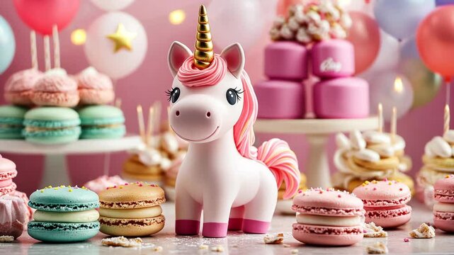 A pink unicorn figurine stands in front of a spread of colorful desserts, including macarons and cupcakes, at a birthday party