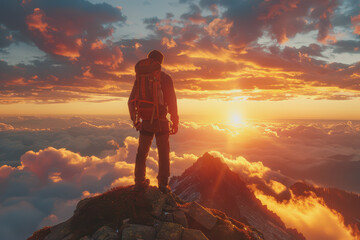 Fototapeta premium A man who hikers enjoy a break look at the top of the mountain at sunset adventure travel.