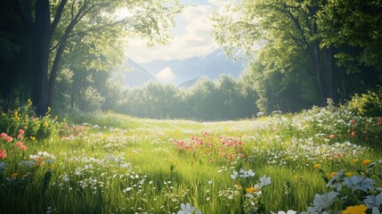 Obraz premium A lush green meadow with wildflowers and mountains in the