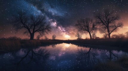 Fototapeta premium Silhouetted trees reflect in a still pond under a starry