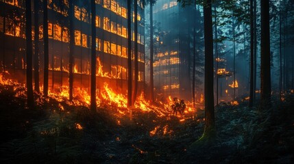 Fototapeta premium Firefighters battling forest fire near burning building.