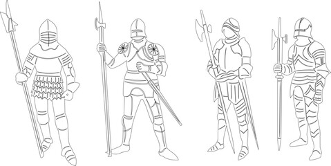 knights with spears, outline sketch, vector