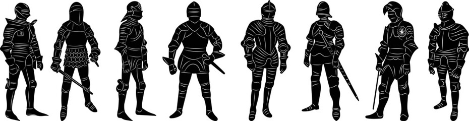 knights standing with weapons, silhouette, vector