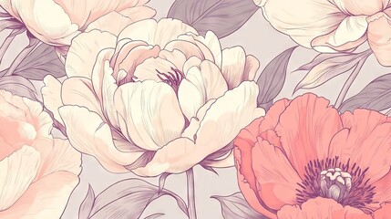 Vintage seamless pattern, Blooming garden flowers peonies roses and tulips, weathered wallpaper aesthetic, delicate line art, muted pastel palette, Art Nouveau curves, botanical illustration style,