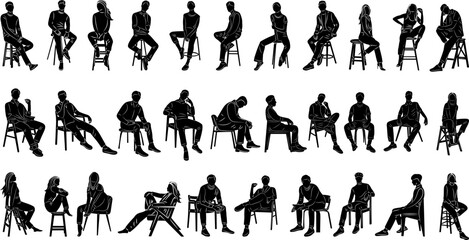 set of sitting people on chair, collection, silhouette, vector