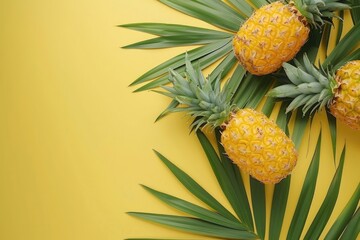 Tropical summer flat lay with pineapples and palm leaves.