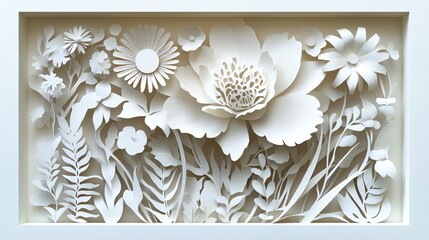 Delicate paper cut floral silhouettes, intricate layered design, 3D illustration