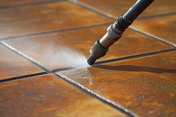High-pressure water jet cleans tiles. This photo is great for advertising cleaning services or showcasing high-pressure cleaning technology.