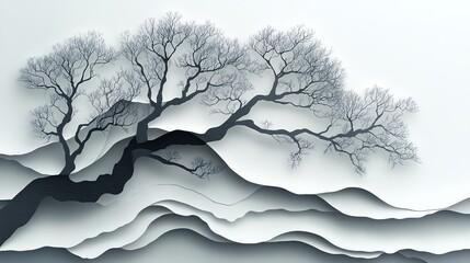 Delicate tree branches in paper cut, fine silhouette layers, 3D illustration