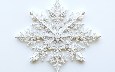 Intricately detailed snowflake against a white background, emphasizing the delicate beauty and uniqueness of natures winter creations