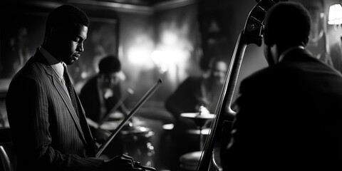 Fototapeta premium A person in a suit holding and playing a bass guitar