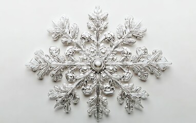 Intricately detailed snowflake against a white background, emphasizing the delicate beauty and uniqueness of natures winter creations