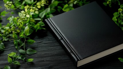 A black book lies on a dark wooden surface, surrounded by lush greenery, creating a serene and natural atmosphere.