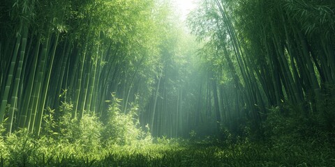 Obraz premium Sunbeams illuminate a dense bamboo forest.