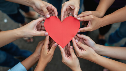 Multiethnic Hands Holding Red Paper Heart: Unity for World Organ Donation Day - Perfect for Healthcare Campaigns