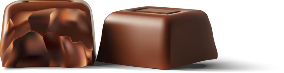 Two square-shaped chocolate pralines isolated on a white background. One praline has a smooth surface, while the other has a textured design, offering a tempting view of delicious and rich chocolate.