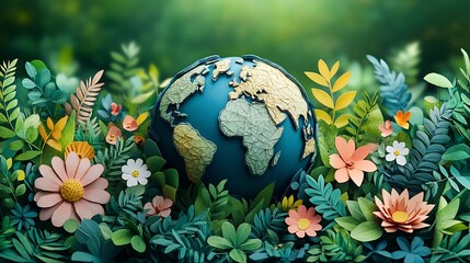 Vibrant paper cutout globe surrounded by flourishing trees and plants celebrating Earth Day with a message of protecting nature and environmental conservation Ecologyfocused background template