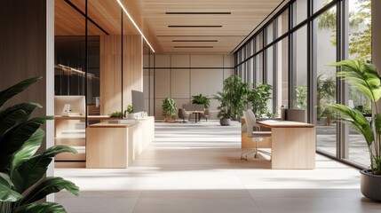 Modern office with wood accents and large windows.