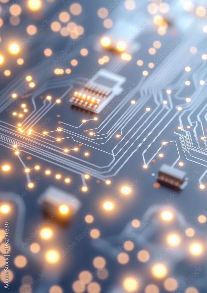 Poster Close-Up Macro of Technology Circuit Board with Glowing Lights - Blurred Background for Modern Tech Concept