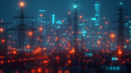 A virtual map showing the connectivity and health of different components within a smart grid, including transmission lines and substations, using glowing lines and nodes to represent the network.