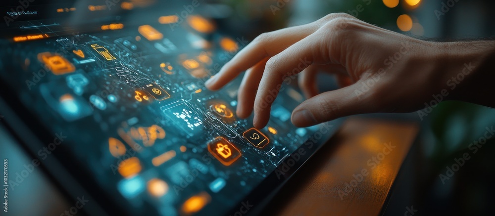 Wall mural a hand interacts with a tablet screen displaying a futuristic interface with icons and glowing light
