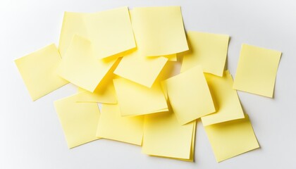 Fototapeta premium A collection of yellow sticky post-it notes scattered on a white background