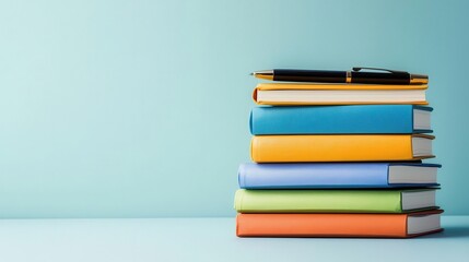 Stack of colorful notebooks with a pen resting on top, ideal for notetaking or study supply promotions