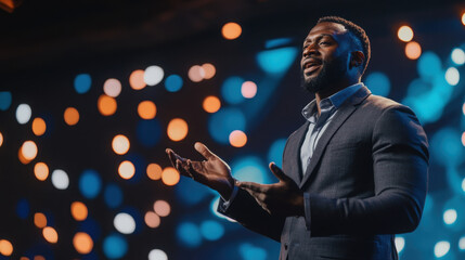 A speaker passionately engaging an audience with expressive gestures.