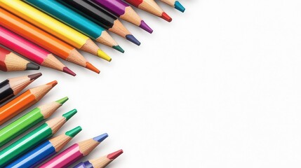 Fototapeta premium Variety of markers and colored pencils arranged in a rainbow pattern, ideal for creative learning or art class promotions