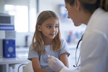 Young girl receiving allergy testing in a clinic with a healthcare professional present