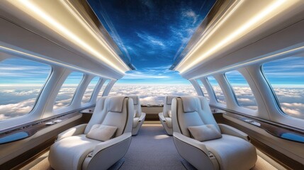 Fototapeta premium Luxury aircraft in flight over fluffy white clouds, suitable for travel, adventure and lifestyle concepts