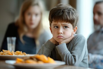 Young boy at home looks disappointed about food due to his allergy during family meal time