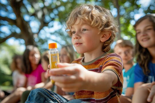 Young boy with peanut allergy shares his EpiPen during an outdoor group activity in summer