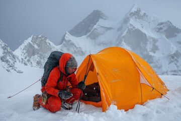 Setting up camp in harsh conditions on Everest during a snowstorm