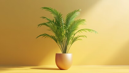 Obraz premium Tropical parlor palm plant in a modern pot against a yellow backdrop