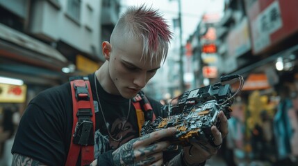 Young man with red and gold mohawk inspecting mechanical part in cyberpunk city