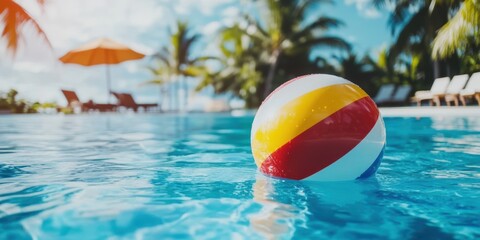 Sun soaked Colorful inflatable beach ball floating in swimming pool, summer vacation concept.
