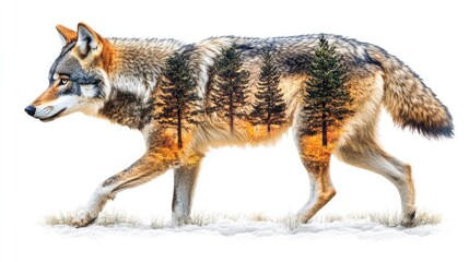 Obraz premium A wolf walking through a forest with a sunset in the background. The wolf is in profile and the forest is visible through its body.